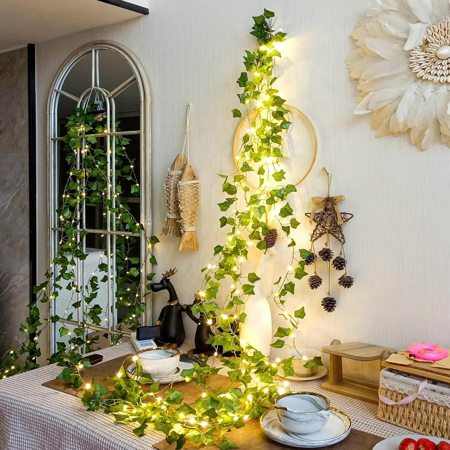 Battery Box Ivy String Light LED Outdoor Artificial Vine Christmas Wreath Fairy String Plant Light Maple Leaf Green Vine String