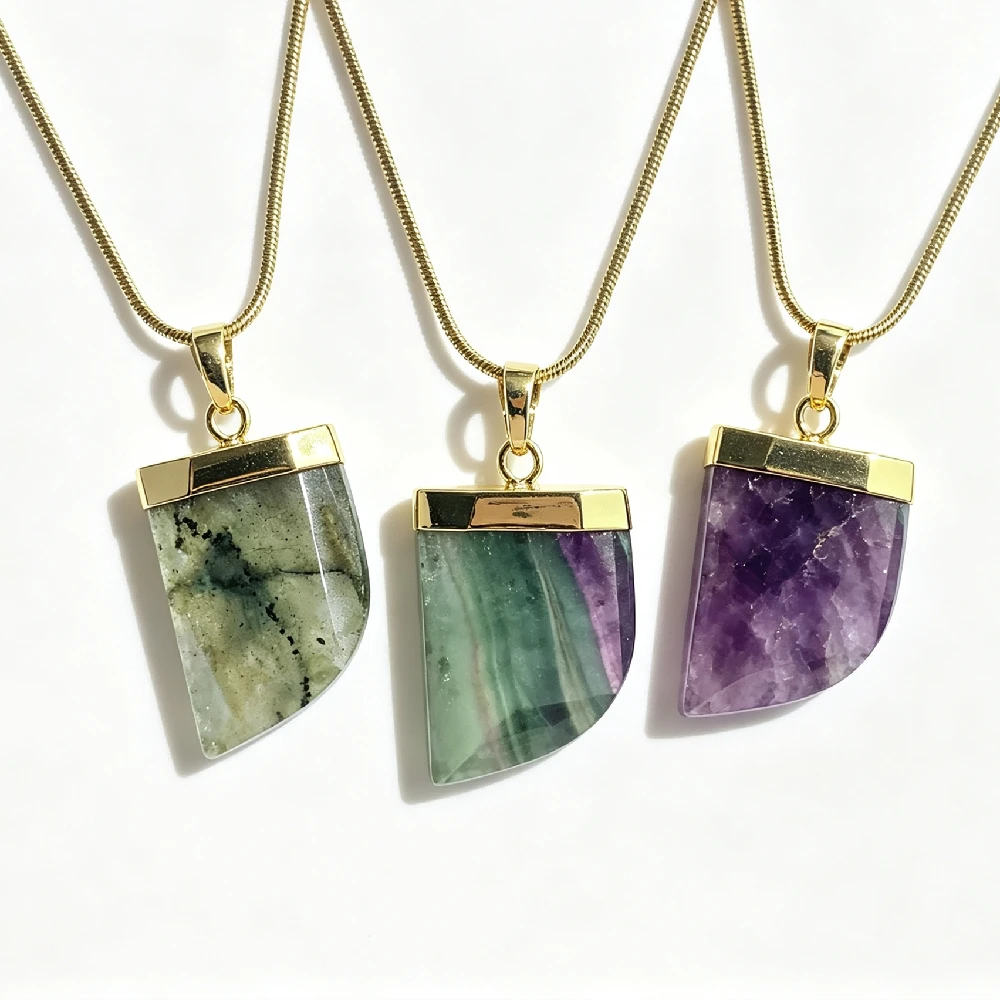 1PC Natural Gemstone Fan Shape Pendant Necklace Multi-color Crystal Women Fashion Jewelry Gold Plated N2C418
