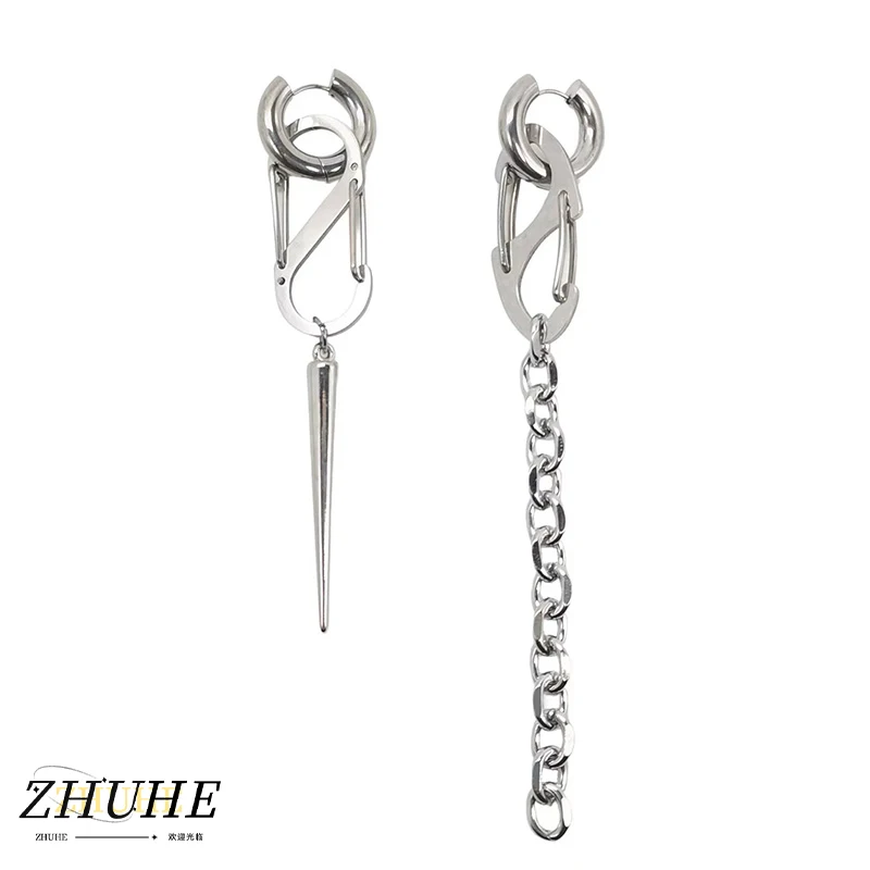 Edgy Street Subculture Jewelry Accessories, Copper Alloy Material Earring for Women Men, Asymmetrical Carabiner Spike Chain Dang