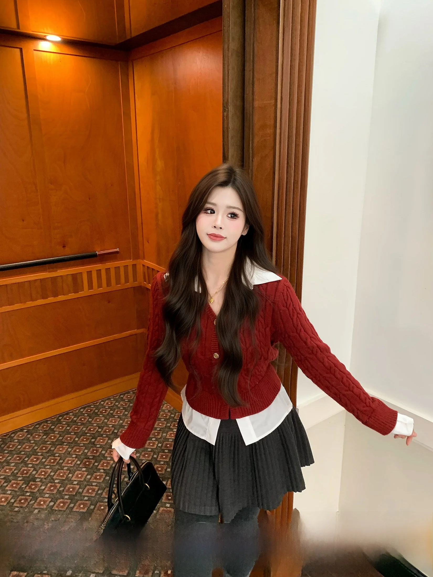 

Red Woolen Knitted Sweater Women's Slim Fit Winter Large Size Fake Two-Piece Cleanfit Sle Pure Color Long Sve Crew Ne