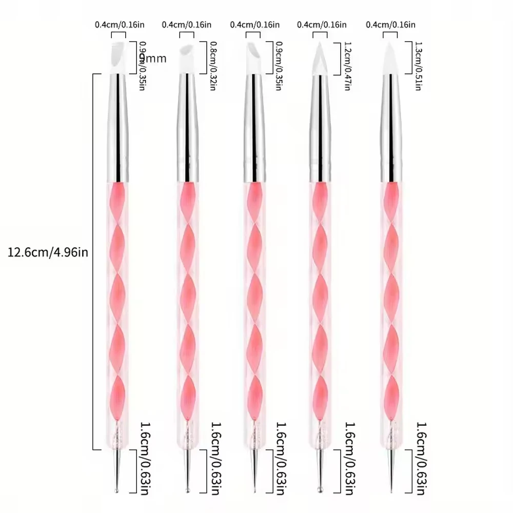5 ชิ้น/เซ็ต 2 Way Double Headed ซิลิโคนดอกไม้เล็บปากกาสีชมพูสแตนเลส Dotting ปากกา DIY ภาพวาดเล็บเครื่องมือ