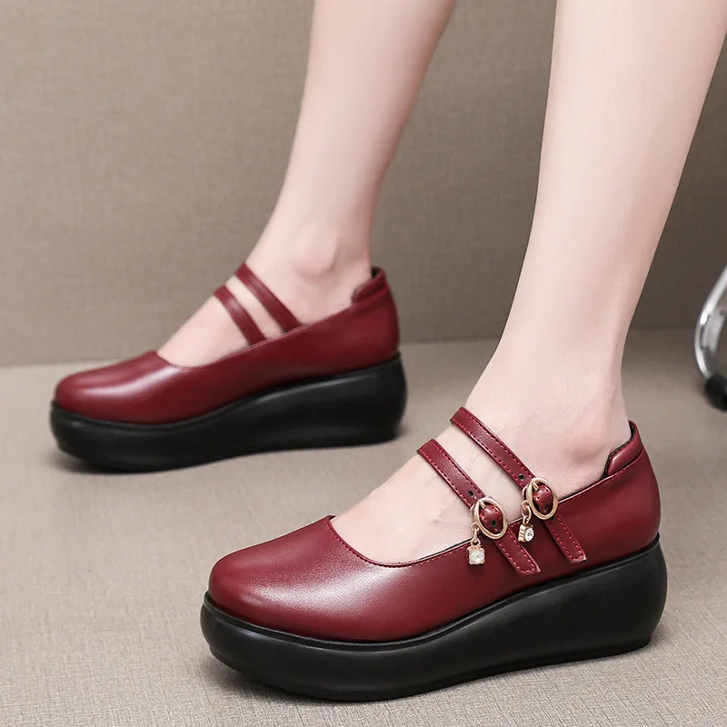 2024 Patent Leather Double-wedge Waterproof Platform Thick-soled Single Shoes Non-slip Soft-soled Mary Janes Round Head shoes