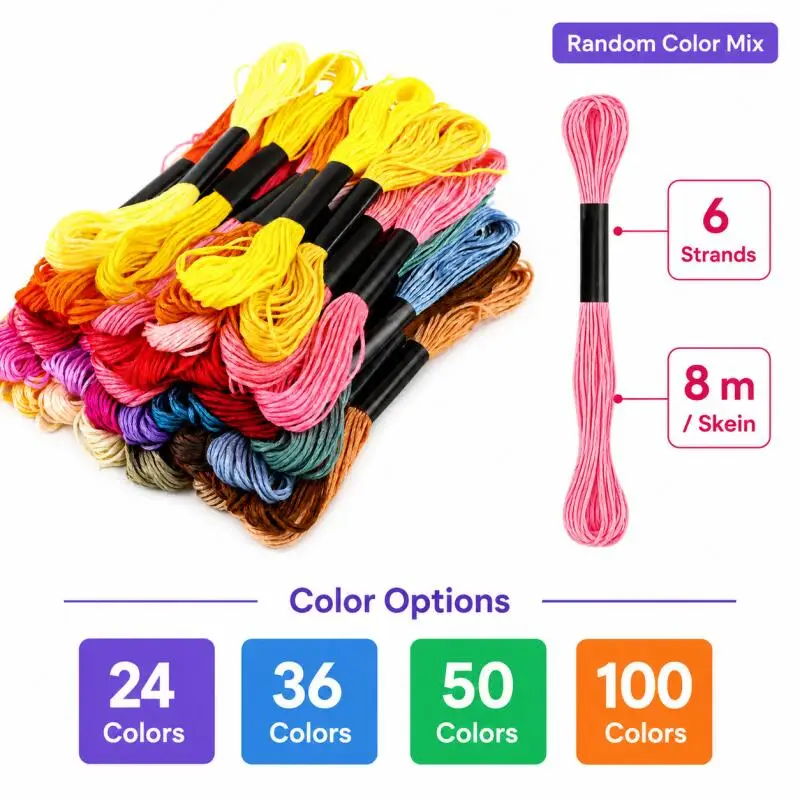 24/36/50/100 pcs Multi-Color Embroidery Floss, 6-Strand 8m Cross Stitch Thread, Polyester-Cotton Sewing Thread Skeins, DIY