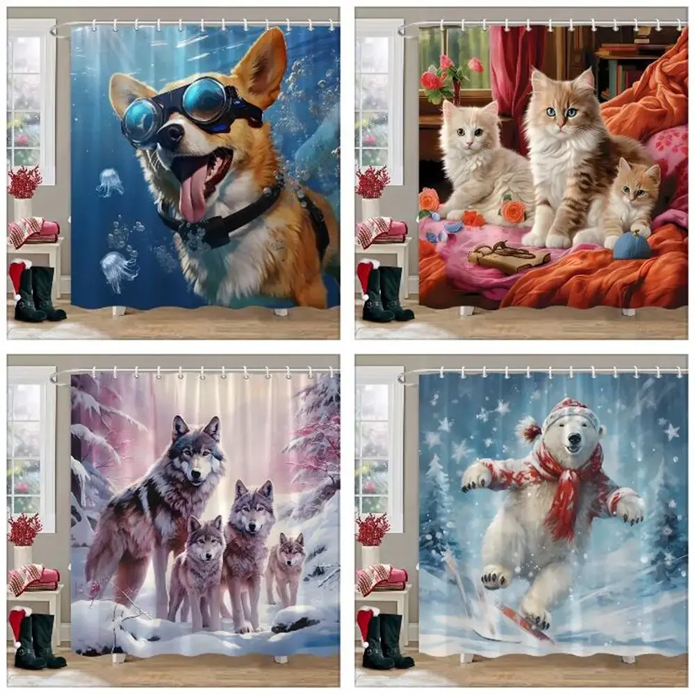 Funny Dog Diving Under the Sea Shower Curtain Cute Cat Floral White Bear Animal Christmas Washable Shower Curtain Bathroom Decor