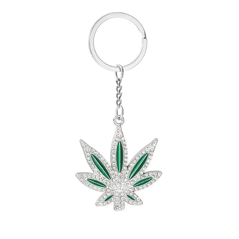 Full Rhinestone Laid Luxury Keychain Green Color Alloy Maple Leaft Pendant for Backpack Bags Car Keys Promotion Gift Keyring