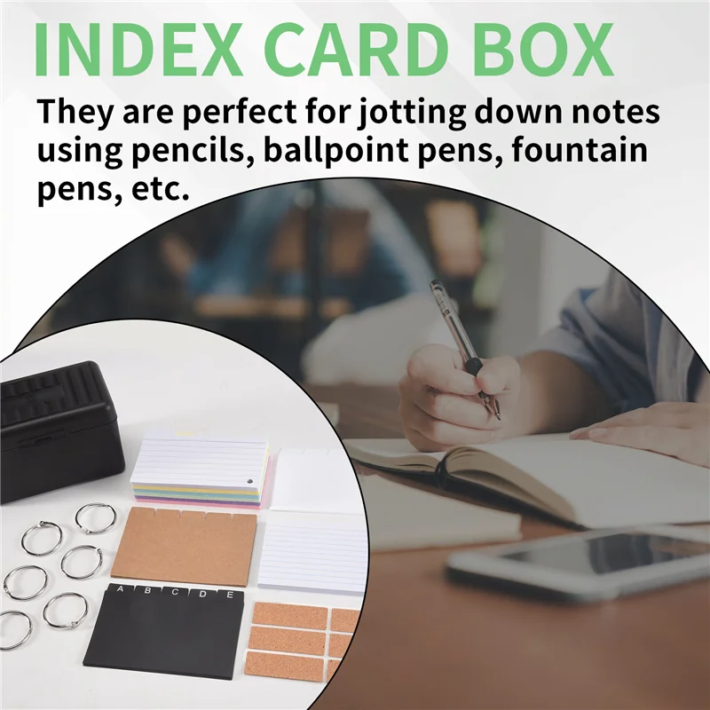 

A19E-Index Card Holder Set,Index Box With 230 Assorted Flashcards, Colourful Lined, 6 Rings And Stickers Perfect For School