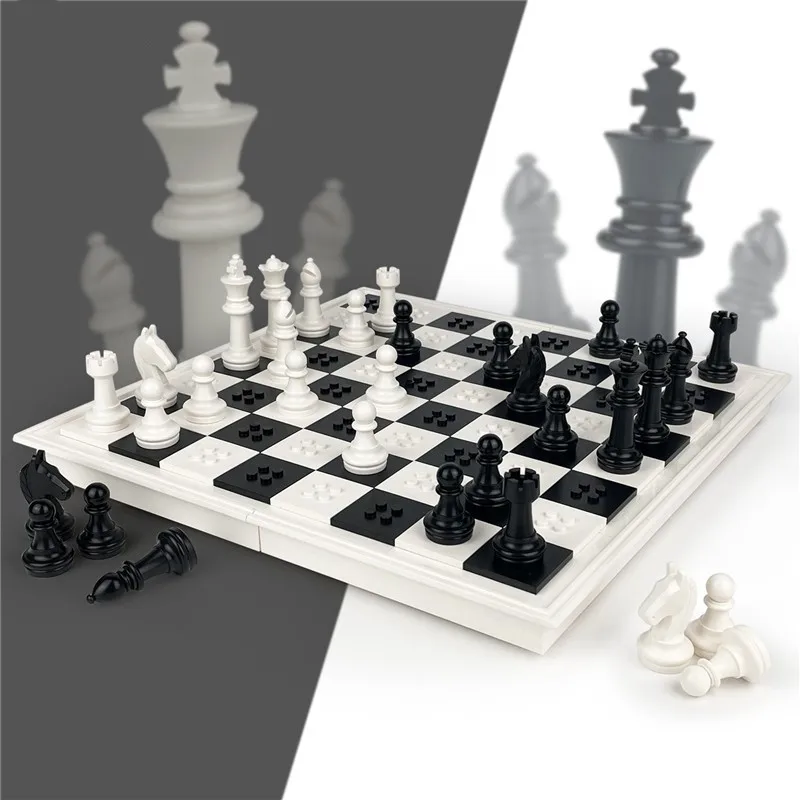 흰색 체스 세트, 보관 상자가 있는 프리미엄 접이식 빌딩 블록, 흑백 디자인, 어린이를 위한 탁상 게임 장난감