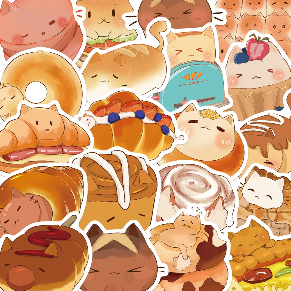 50pcs Cartoon Cute Bread Cat Stickers For Laptops Luggage Stationery Phone DIY Decoration Decals Sticker Christmas Gifts