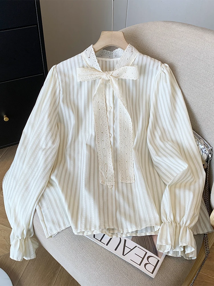 

Women's Apricot Striped Shirts and Blouses Y2k 90s Aesthetic Vintage Korean 2000s Elegant Long Sleeve Bow Shirt Cutecore Clothes