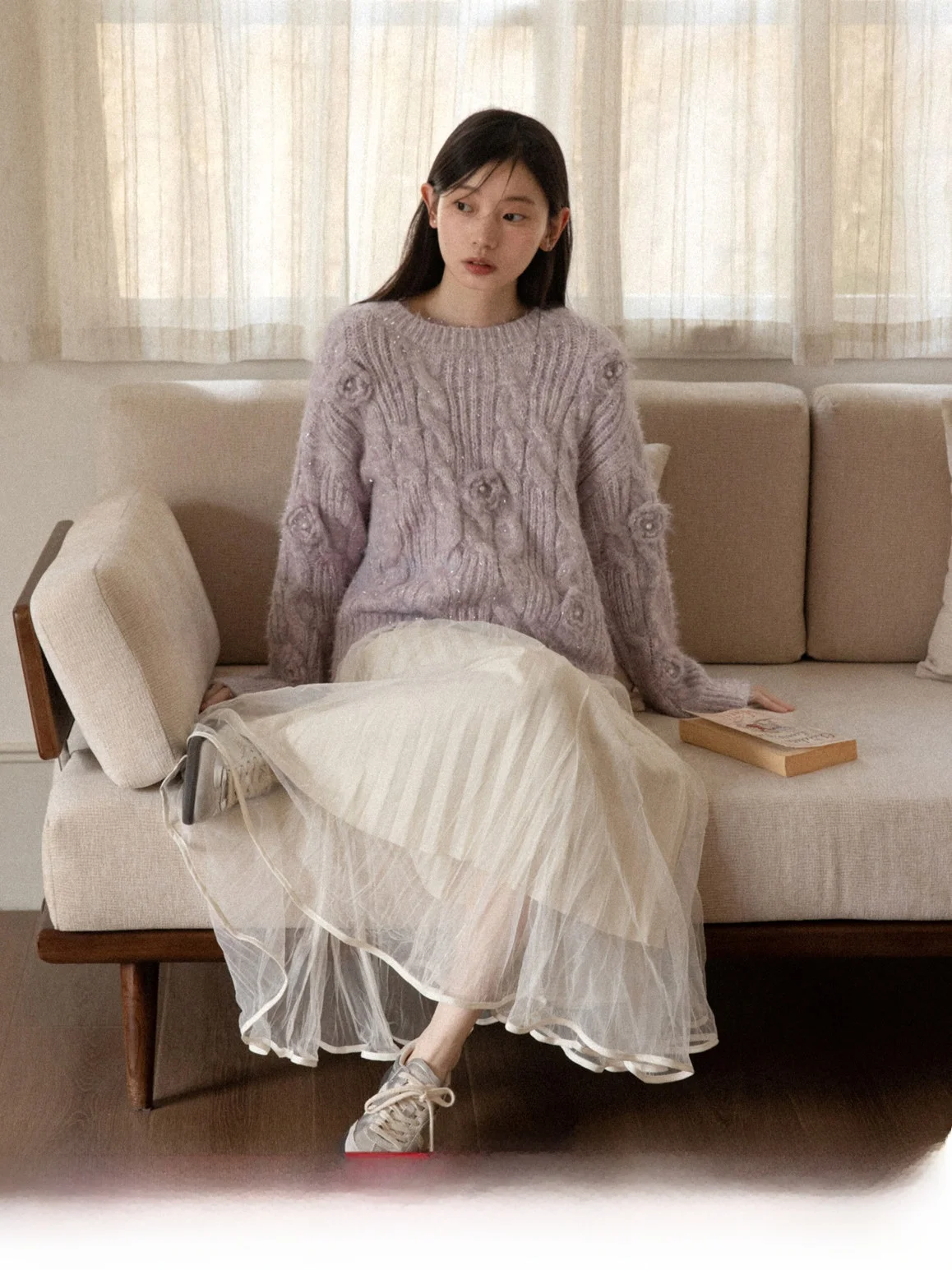 

Женский вязаный свитер свободного кроя, фиолетовый, с круглым вырезом, 3D-вышивкой в виде цветов, удобный, теплый, зимний, повседневный, модный