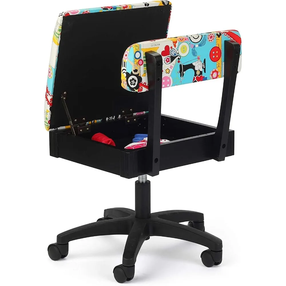 Silla hidráulica de costura y manualidades de altura ajustable con almacenamiento debajo del asiento y tela impresa, coser ahora, coser, estampado Wow