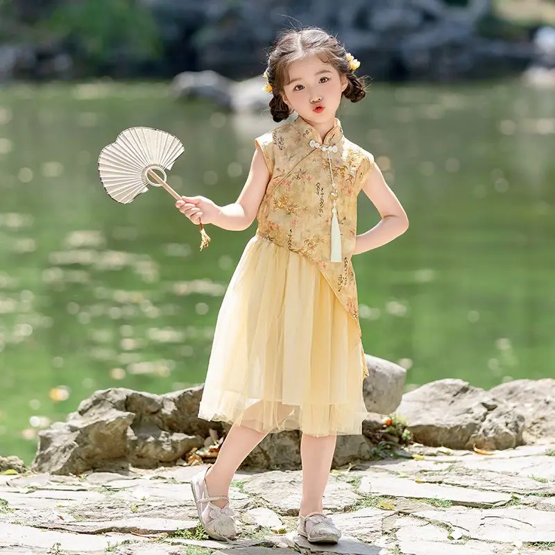 Girls' New Chinese Style Qipao Dress Spring and Autumn 2025 New Chinese Style Cheongsam Sleeveless Skirt for Children LF981