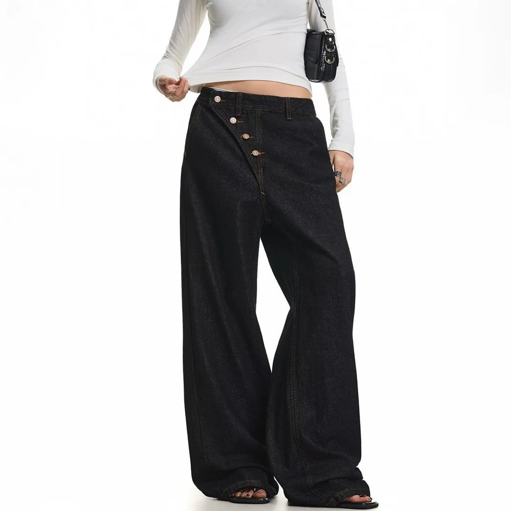 2026 Autumn New Style Unisex Asymmetrical Jeans American Retro Fashion Trendy High Street Casual Loose Fit Neutral Bottoms
