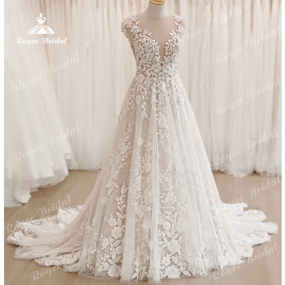 

Roycebridal Spaghetti Straps V-Neck Wedding Dress Open-Back A-Line Lace Appliques Bride Dress Vestidos De Novia Customized