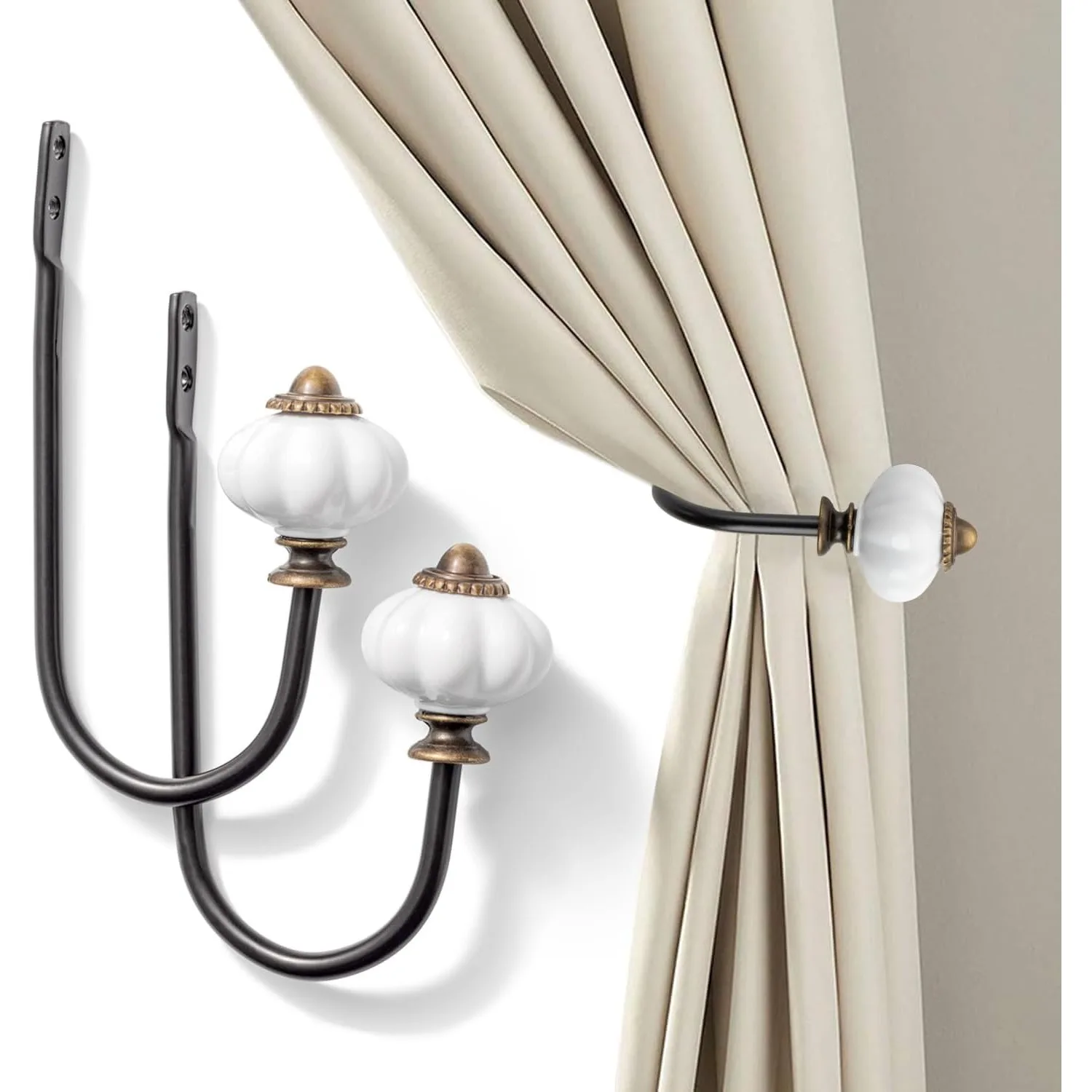 Curtain Holdback, 2pcs Wall Mounted Drapery Tiebacks with Crown Pumpkin, Heavy Duty Metal Decorative Window Drapery