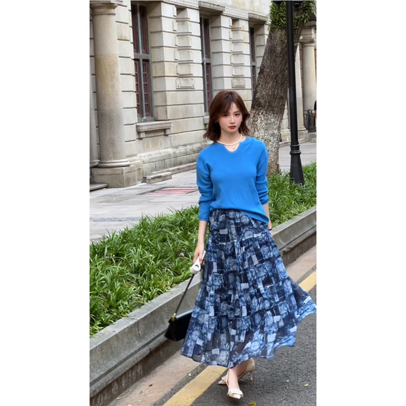 Conjunto de prendas de punto holgadas adelgazantes para mujer, traje largo de dos piezas con falda con sentido del diseño, redondo, Ne, informal, de invierno