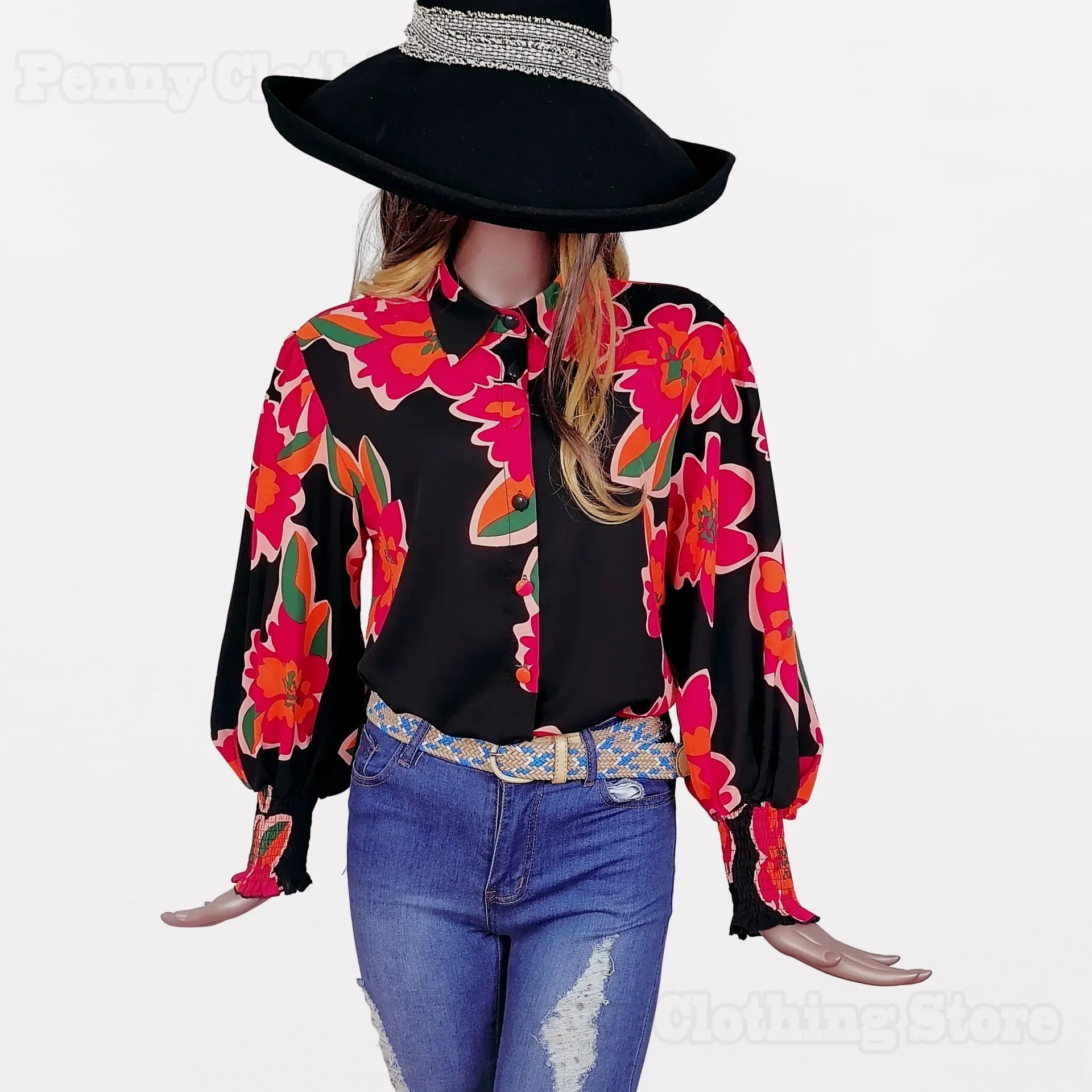 2024 European And American Long-Sleeved Printed Women's Shirts Spring And Autumn Tops Commuting Beach Style