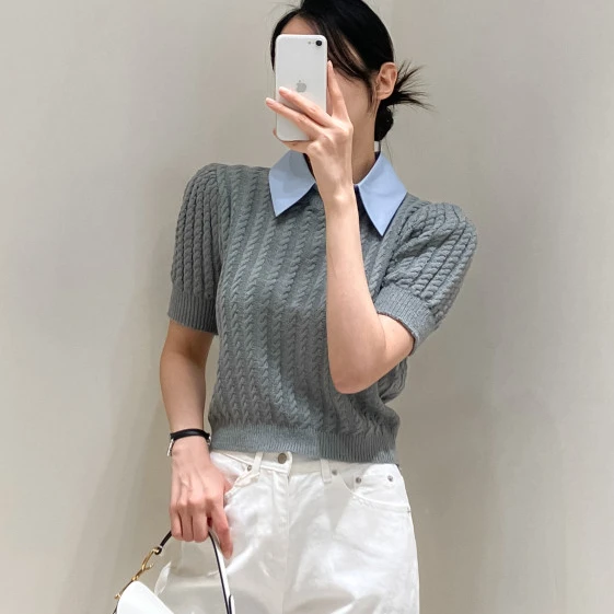 Korean Vintage Knitted Sweater Tshirt Women Fake Two Pieces Puff Short Sleeve Turn-down Collar Tees Tops Workwear Fashion Jumper