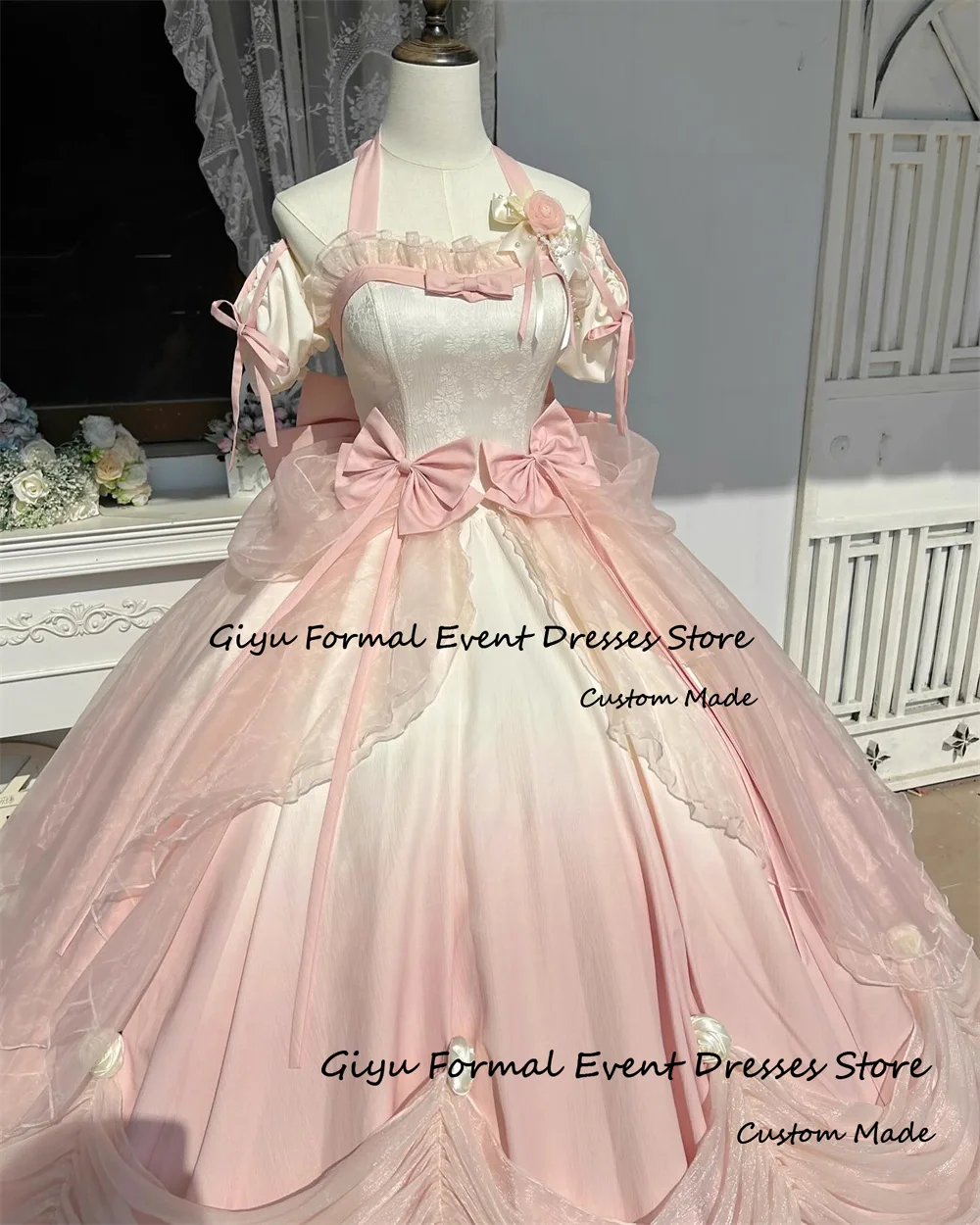 Giyu Exquisite Gradient Color Quinceanera Dress Halter Bow Floor-Length Ball Gown Birthday Party Dress Draped