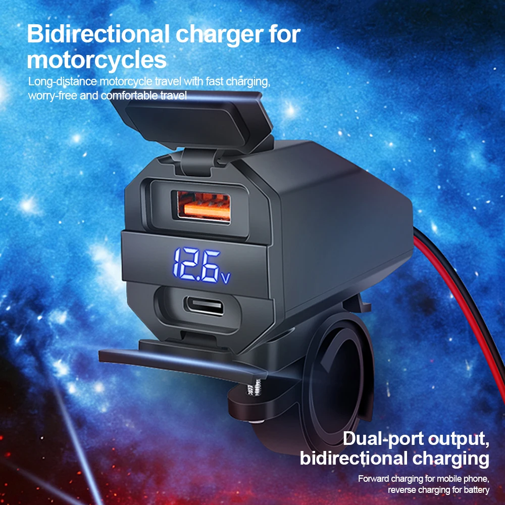 

Blue Voltage Display Motorcycle Car Charger A+C Dual Fast Charge Bidirectional 12-24V Waterproof Dustproof Vehicle Charger