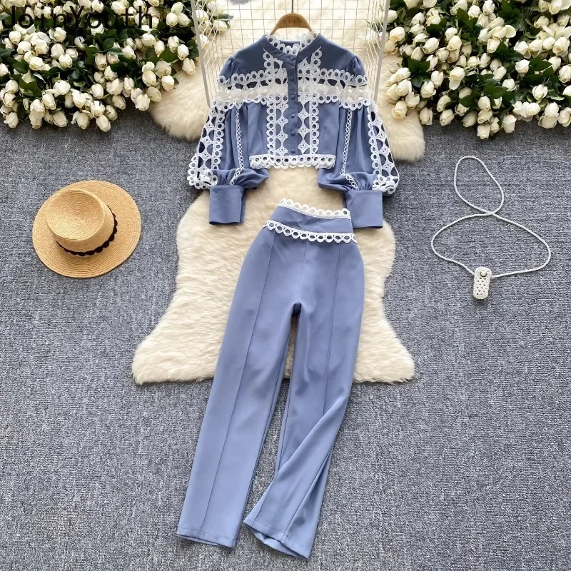 Temperament Women\'s Clothing Two Piece Sets Pants Outfits Hollow Out Lantern Sleeve Crop Shirt High Waist Straight Pants Suit