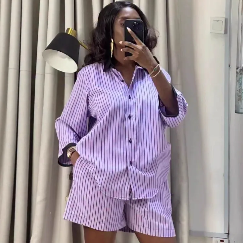 African Women 2 Piece Outfit Purple Striped 3/4 Sleeve Shirt Elastic Waist Shorts Loungewear Casual Matching Set Homewear