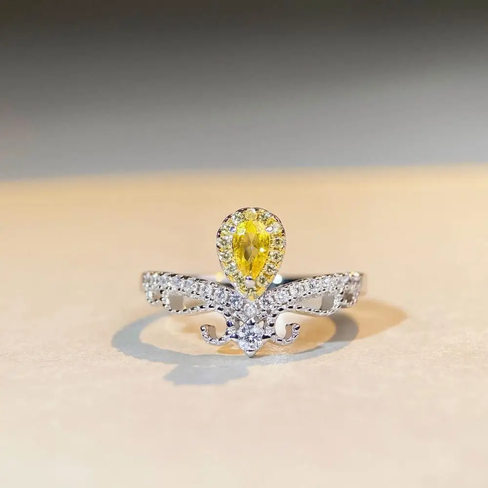 

S925 Sterling Silver Crown Coronation Ring, Women's Water Droplet, Yellow Diamond, Zircon Ring, Ice Flower Cutting Color