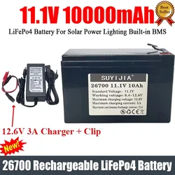 New 11.1V 10000mAh LiFePo4 Rechargeable 26700 12V Battery Pack 4000+Cycles Lithium Battery for Solar Power Lighting Built-in BMS