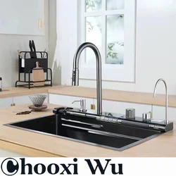 Stainless Steel Kitchen Sink with Faucet Digital Display Large Single Bowl Waterfall Rain 5 Functions System Dish Basin Sink