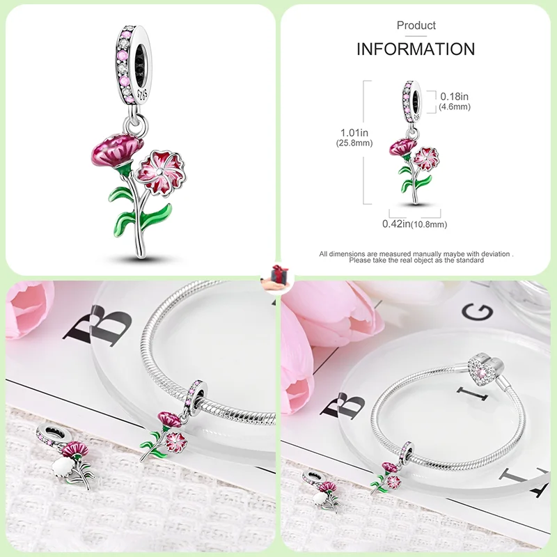 New 925 Sterling Silver Spring Carnation Flower Parrot Charm Beads Suitable for Charm Pandora Original Bracelet DIY Jewelry Gift