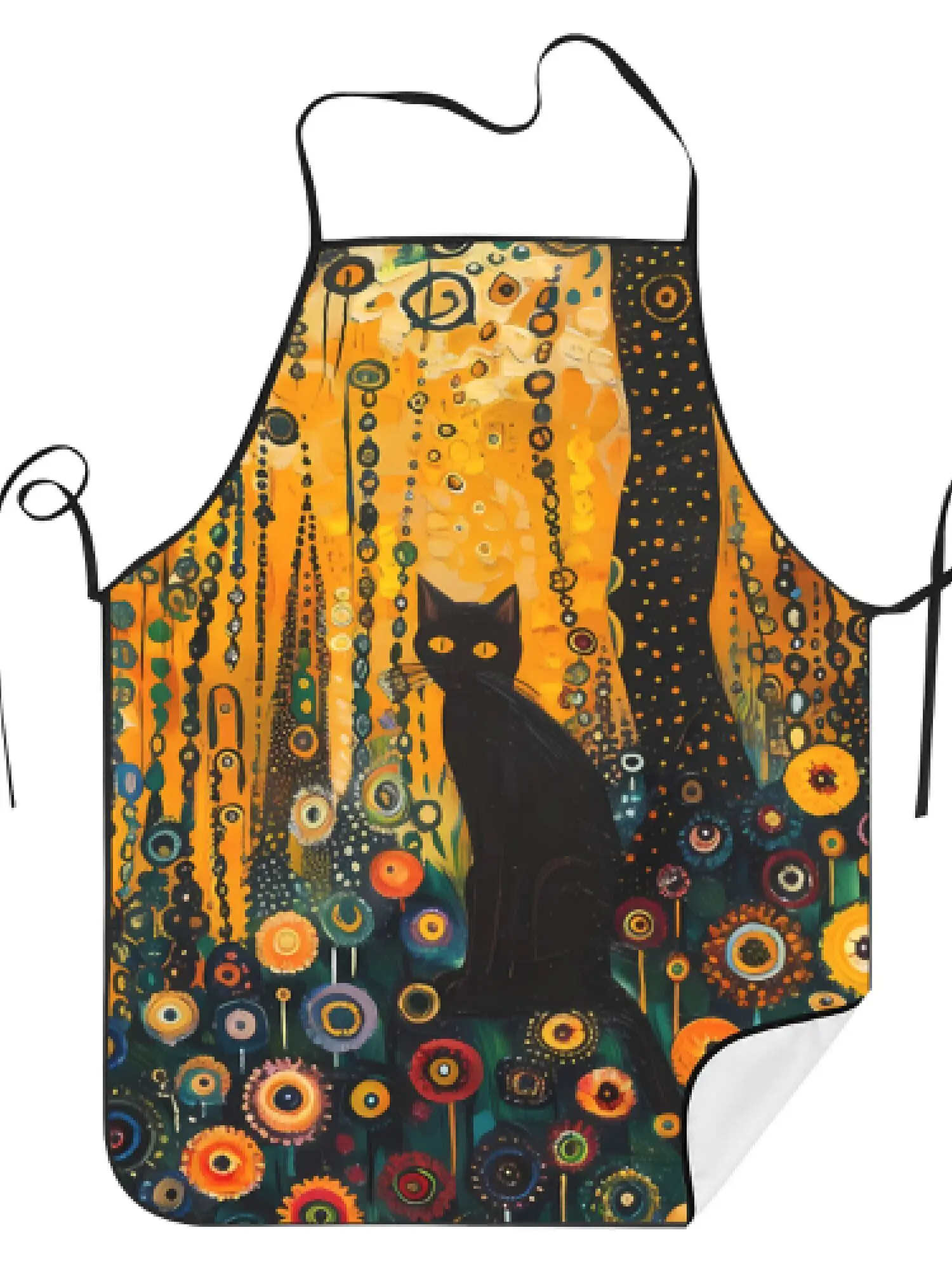 Gustav Klimt Inspired Floral Art Apron with Black Cat Silhouette Vintage Abstract Design Cooking Bib