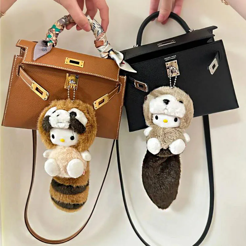 Hellokitty Sanrio Plush Toy Cute Black Leather Bag Pendant Doll Kt Cat Big Tail Keychain Pendant Accessories Kawaii Anime Girl