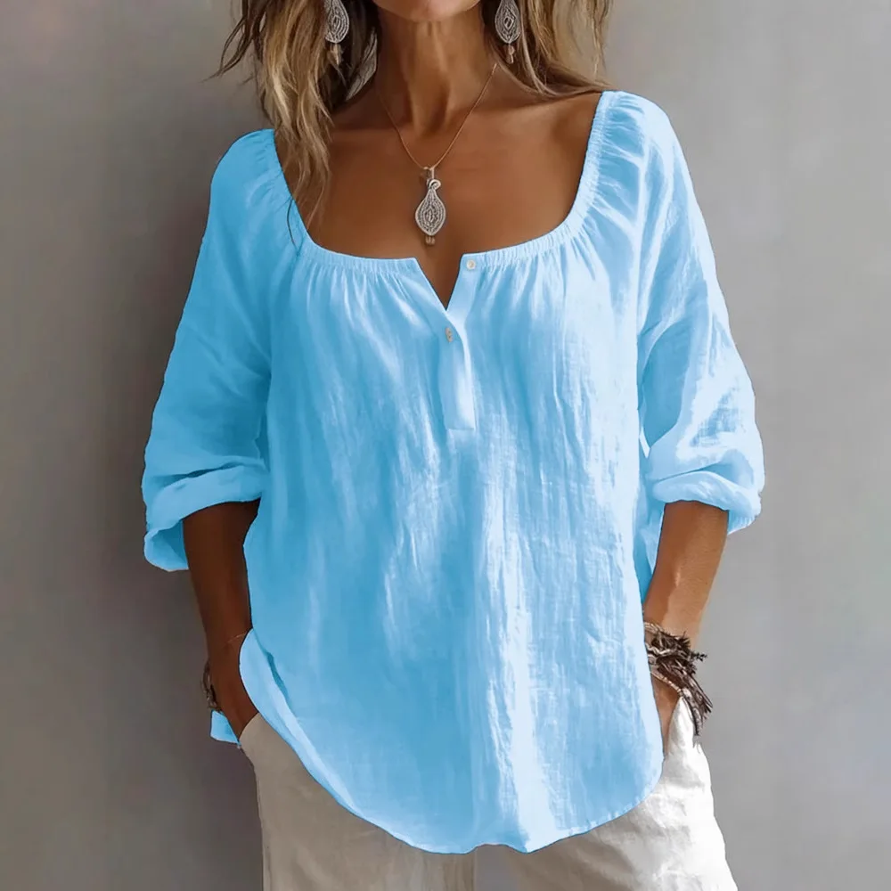 

Women Tops V-Neck Long Sleeve Loose Fit Blouse Solid Color Stretchy Neckband Tops Work Party Date Wear