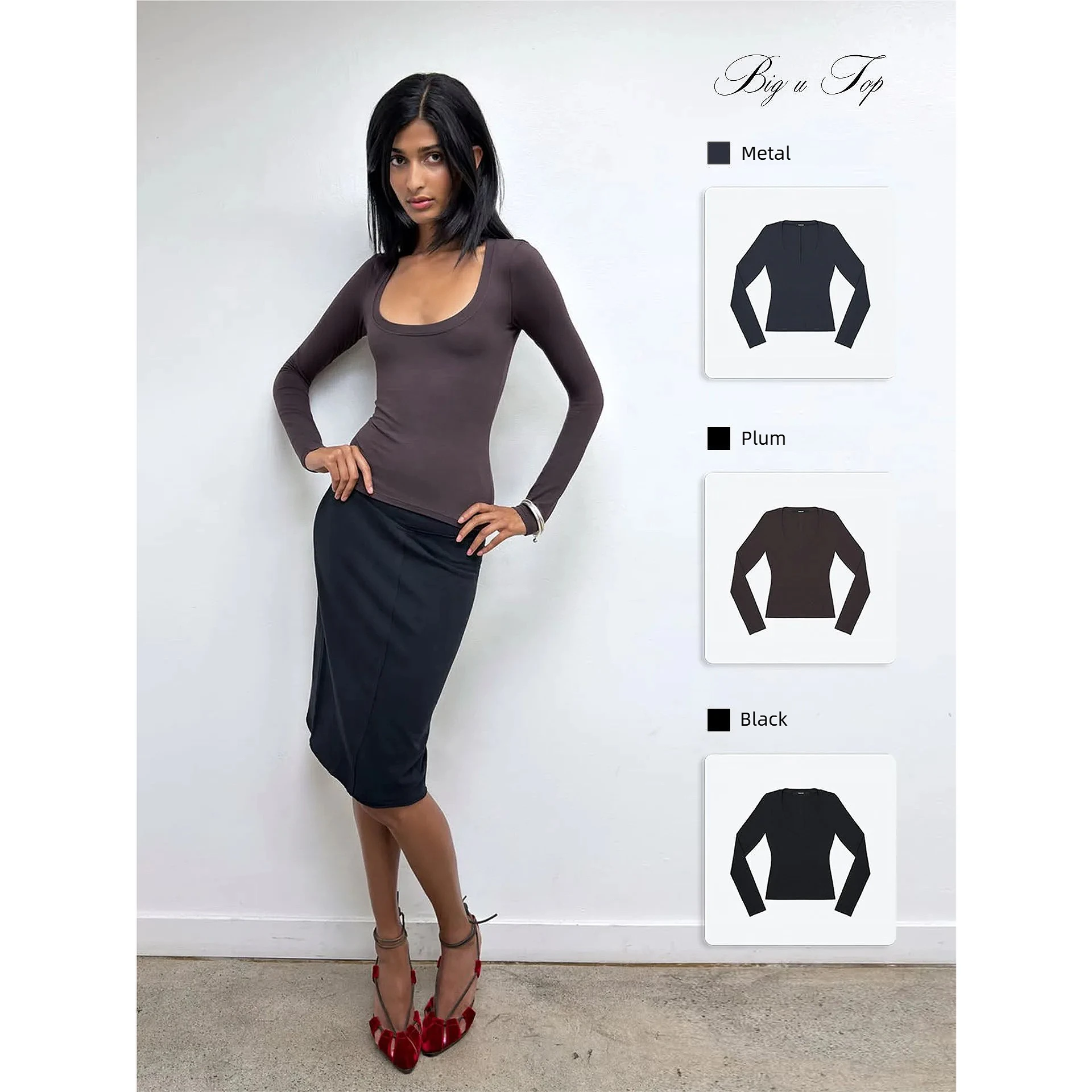 Tank Big U Dark Grey Fitted Long-Sleeved Base Layer Classic Crew Neck Structured Shoulder Custom-Dyed