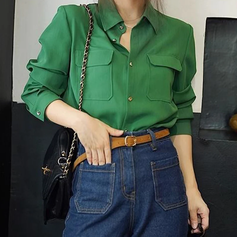 French Style Retro Elegant Green Long Sleeved Shirt Autumn New Fashion Casual Loose Versatile Popular Turn-down Collar Lady Top