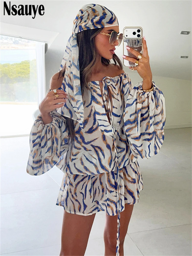 

Nsauye Casual Women Long Puff Sleeve Sexy Club Evening Party Dress 2026 Short Mini Fashion Striped Off Shoulder Ruffles Dress