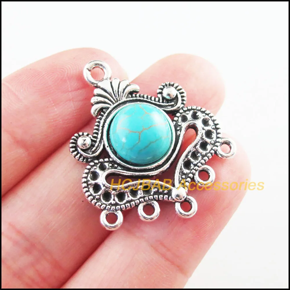 Fashion 6Pcs Retro Tibetan Silver Tone Flower Heart Blue&Red Stone Charms Connectors 26x31mm