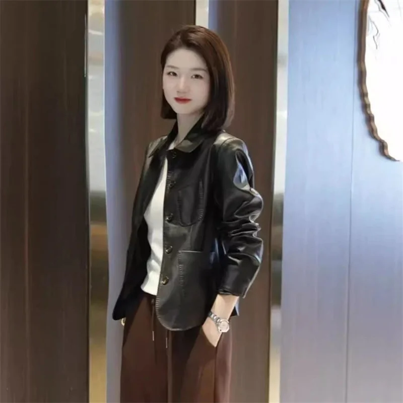 Preto marrom jaqueta de couro feminino 2025 primavera outono novo polo pescoço moda único breasted solto bolso outwear casaco de couro