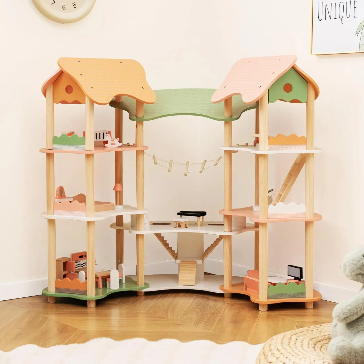 

Wooden Dollhouse for Kids, 3-Story Luxury Doll House with 32 Pieces Furniture Accessories, 7 Rooms, Stairs & Balcony, DIY Preten