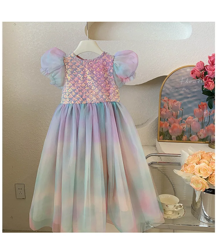 

Детское тюлевое платье с радужным градиентом для девочек, повседневная летняя юбка-лиф с пышными рукавами и блестками, украшенная блестками