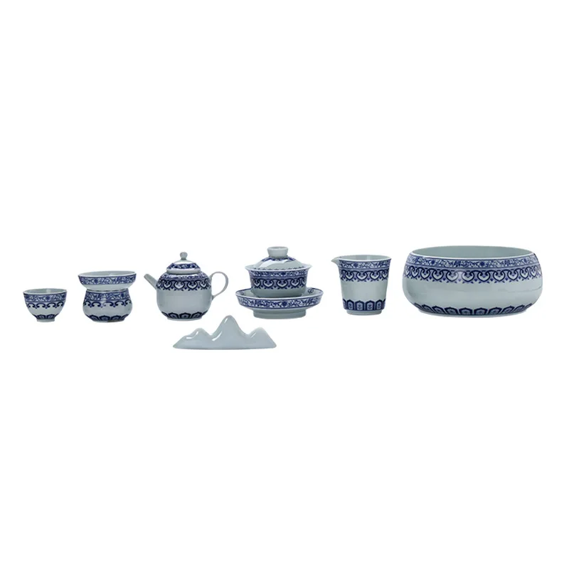 

Blue and white porcelain tea set, underglaze color Sancai cover bowl, teapot, teacup