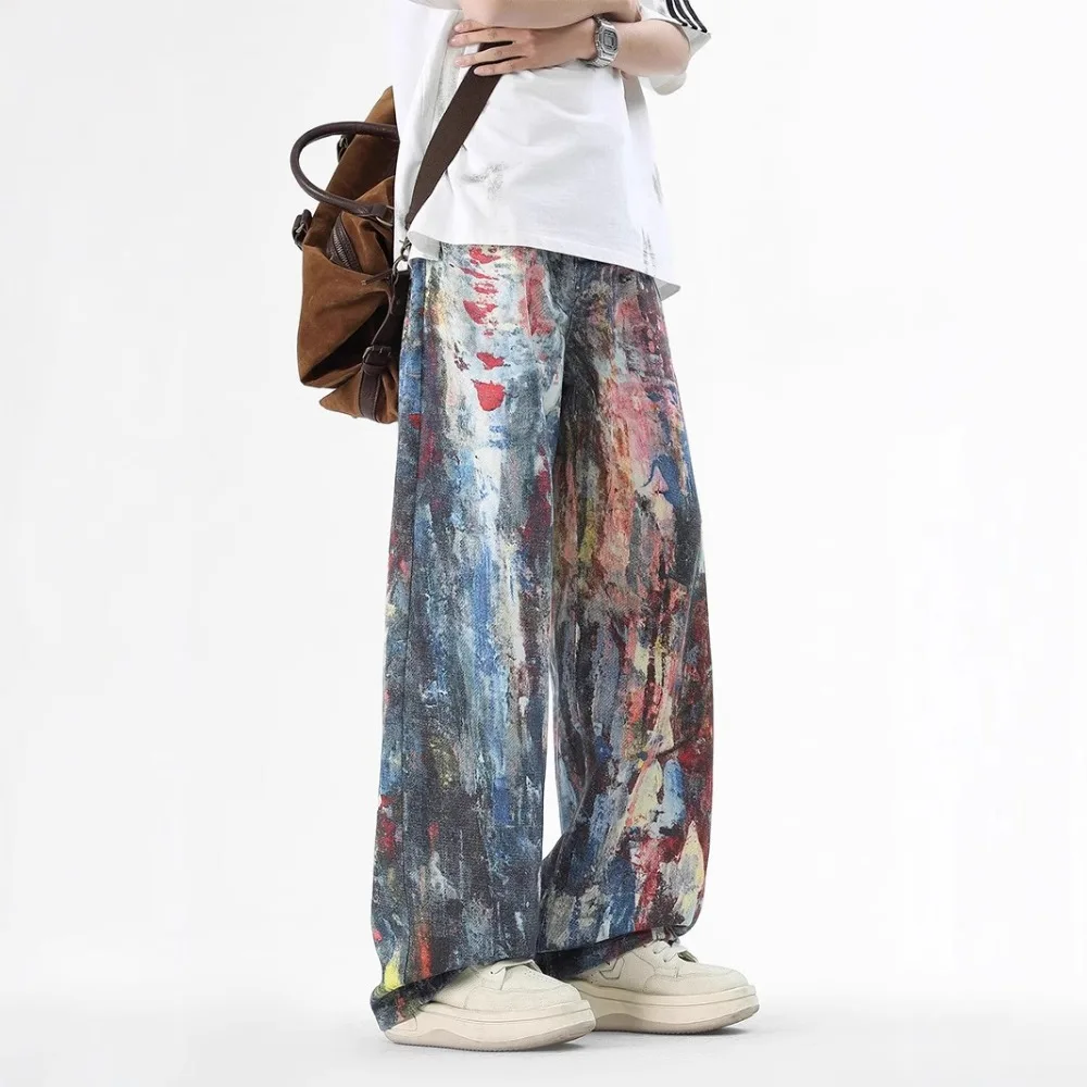 

Street Style Graffiti Jeans Men Distressed Rainbow Random Painting Pattern Straight Wide Leg Pants Hiphop Y2k Trousers
