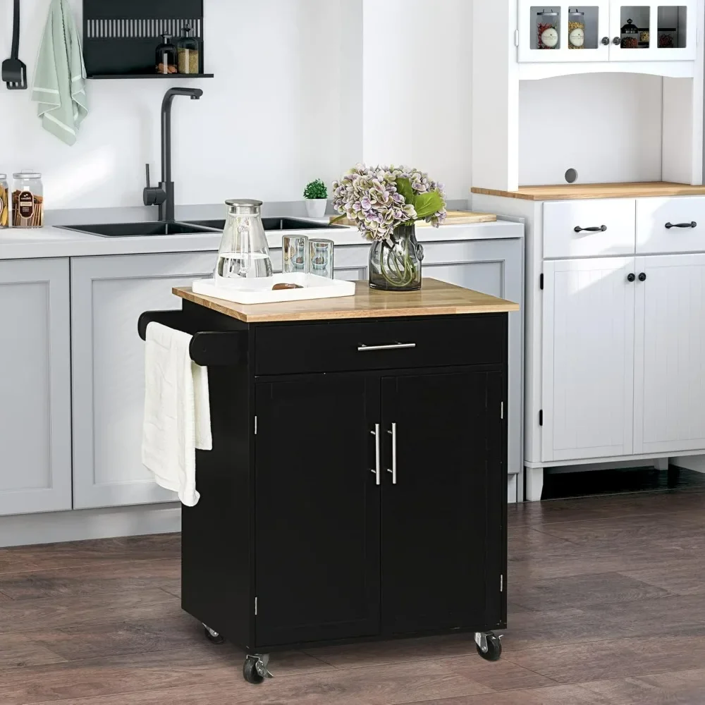 

Kitchen Island Cart Rolling Trolley Cart with Drawer, Storage Cabinet & Towel Rack, Black Kitchen Cart