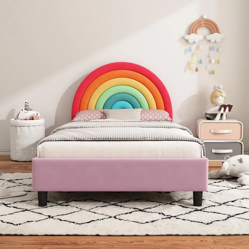 

Twin Size Rainbow Platform Bed for Kids, Upholstered Bed with Rainbow Headboard, Pink Cute Girl's Bed, No Box Spring Needed