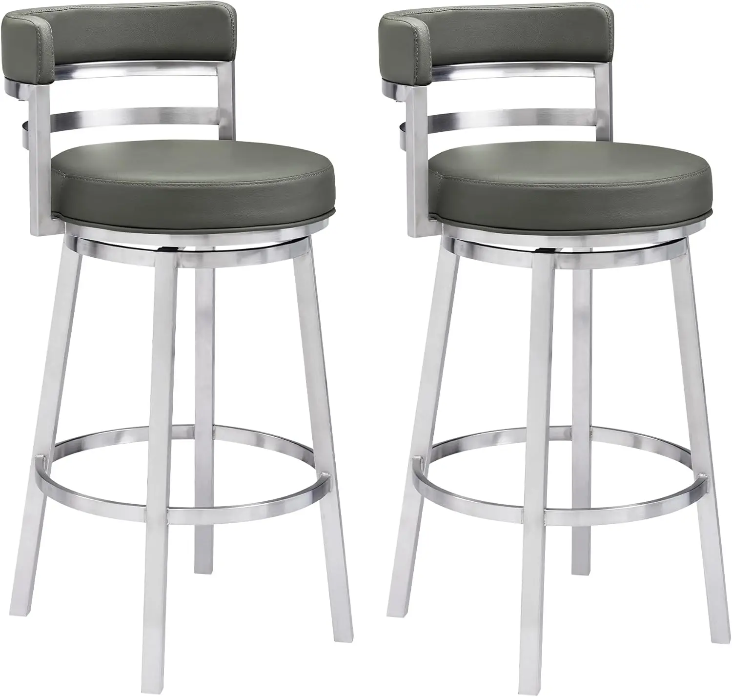 Bar Height Swivel Modern Grey Faux Leather and Brushed Stainless Steel Bar Stool for Kitchen Island Coun