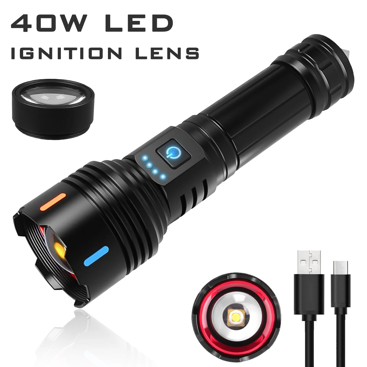 

Портативный телескопический фонарик с зумом и функцией Power Bank, линза зажигания, оконный выключатель, уличный перезаряжаемый фонарь, 5 режимов освещения