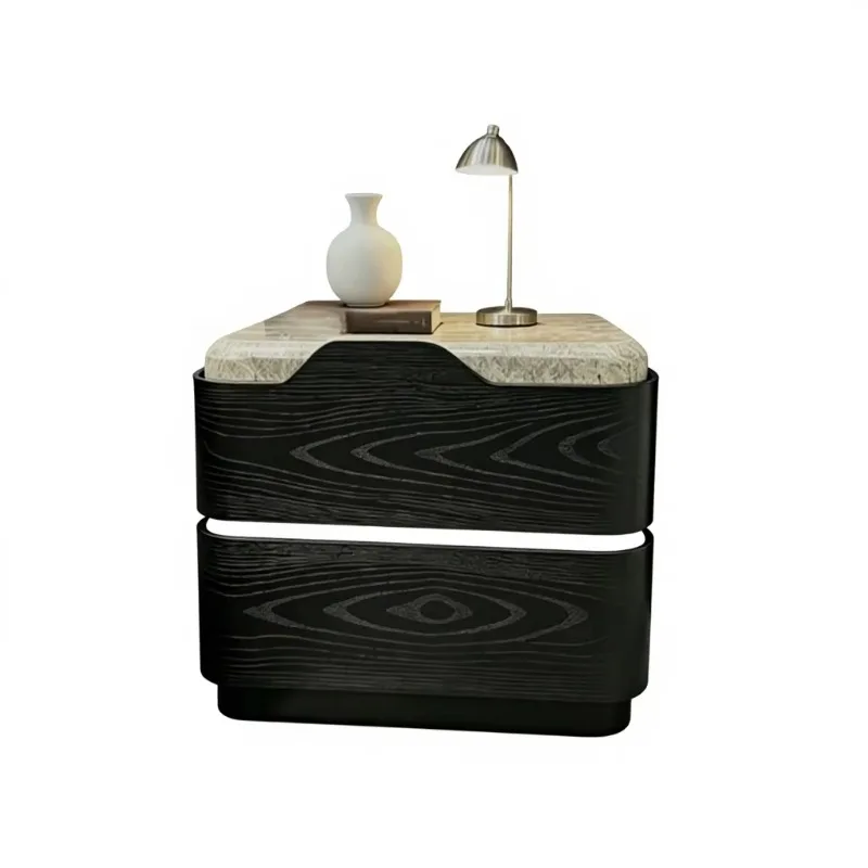 Marble furniture, marble countertop LED bedside table with 2 drawers, brown wood bedside table