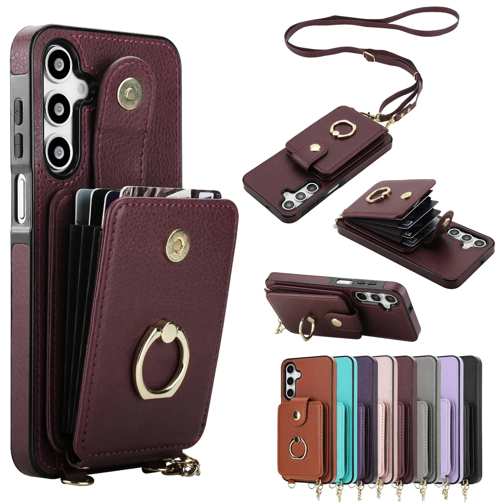 

Чехол-кошелек для Samsung Galaxy A14 A15 A16 A17 A26 A36 A53 A56, кошелек через плечо на молнии, съемный флип-держатель для карт, магнитный чехол