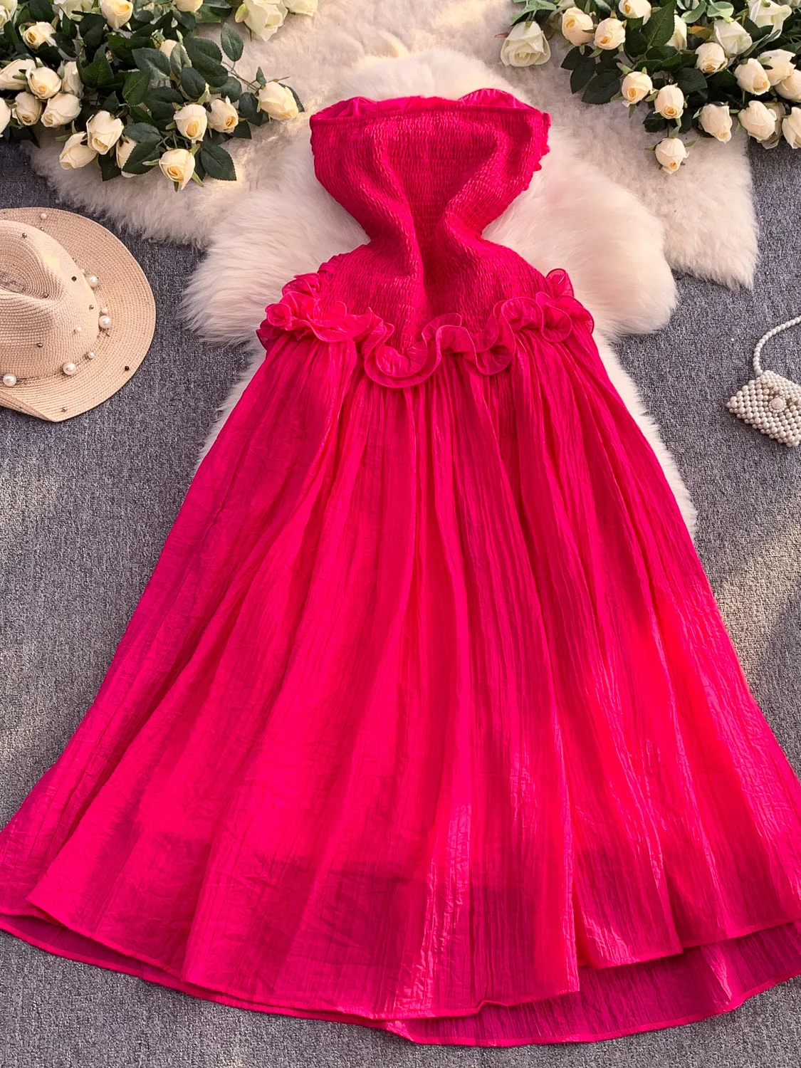 Ele Floral 3D Emed Tube Dr Abito da donna a pieghe in vita elastica che dimagrisce maxi gonna da fata abito a trapezio