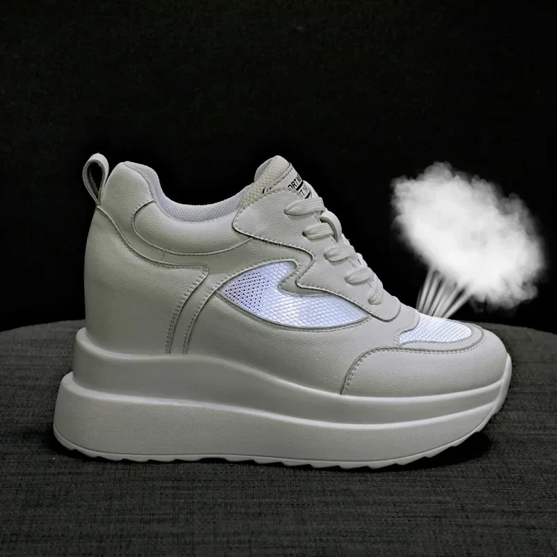 Wedge Heels Women Sneakers Leather Walking Shoes Internal Height Increase 10cm Female Casual Shoes Autumn New Women Shoes Plush